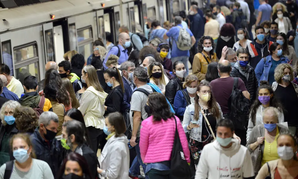 Crowd of masked people, a disconnect between mental health and nature during COVID-19