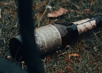 a bottle of wine on a persons leg